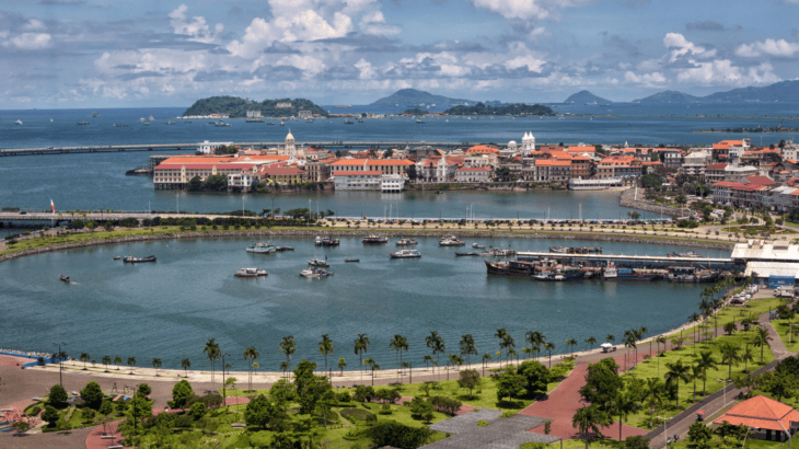 Aerial view of Casco Antiguo and the Panama City skyline